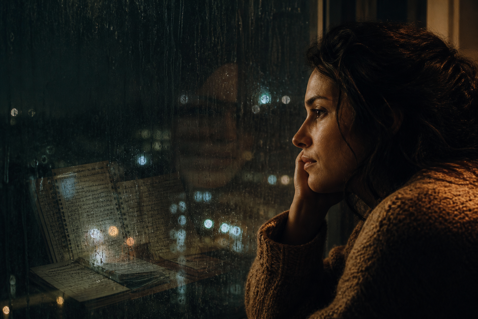 A reflective figure at a rain-covered window at night