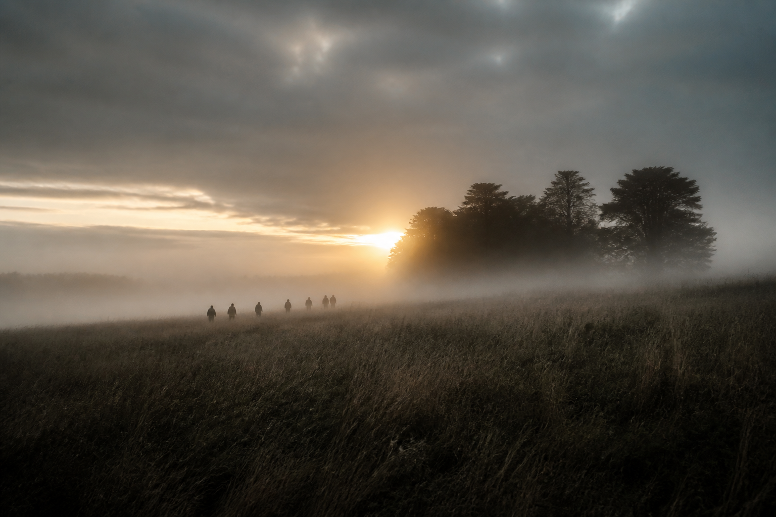 Distant figures moving through a misty field at dawn
